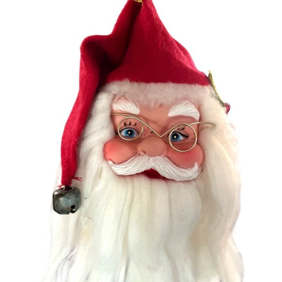 Vtg Rubber Face Santa Claus Christmas Ornament  Red Hat with Bell and Holly - Picture 2 of 5
